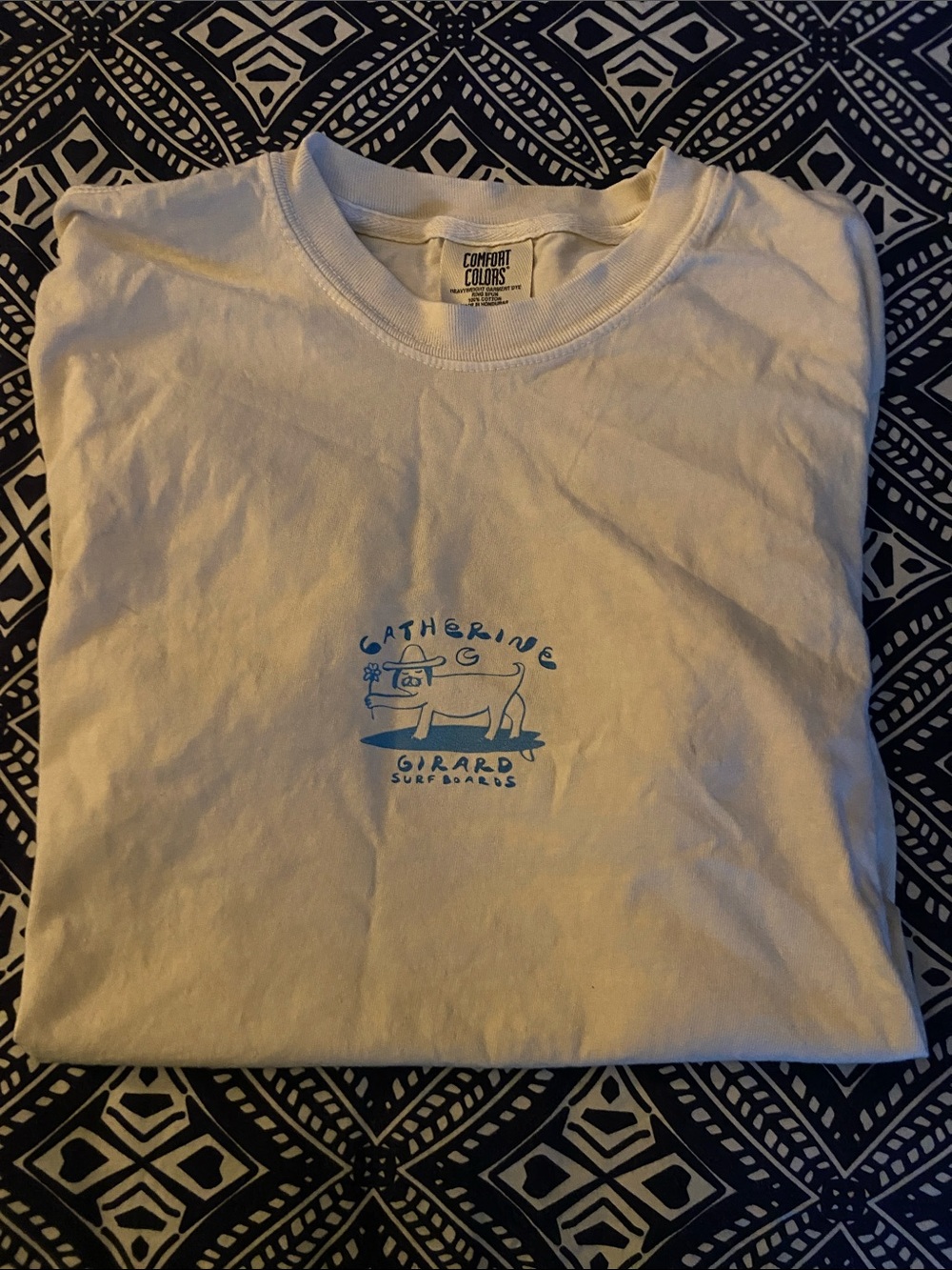 Girard Surfboards Comfort Colors White Tee with Blue Surf Dog Graphic